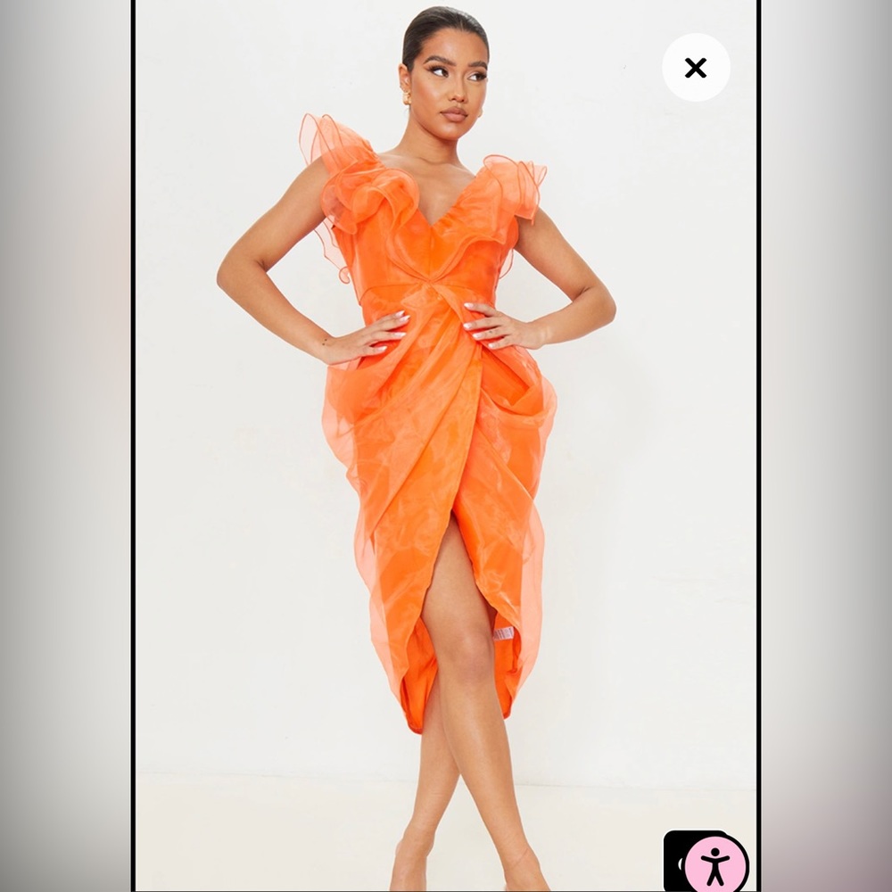 NWT Neon orange organza draped frill detail midi dress